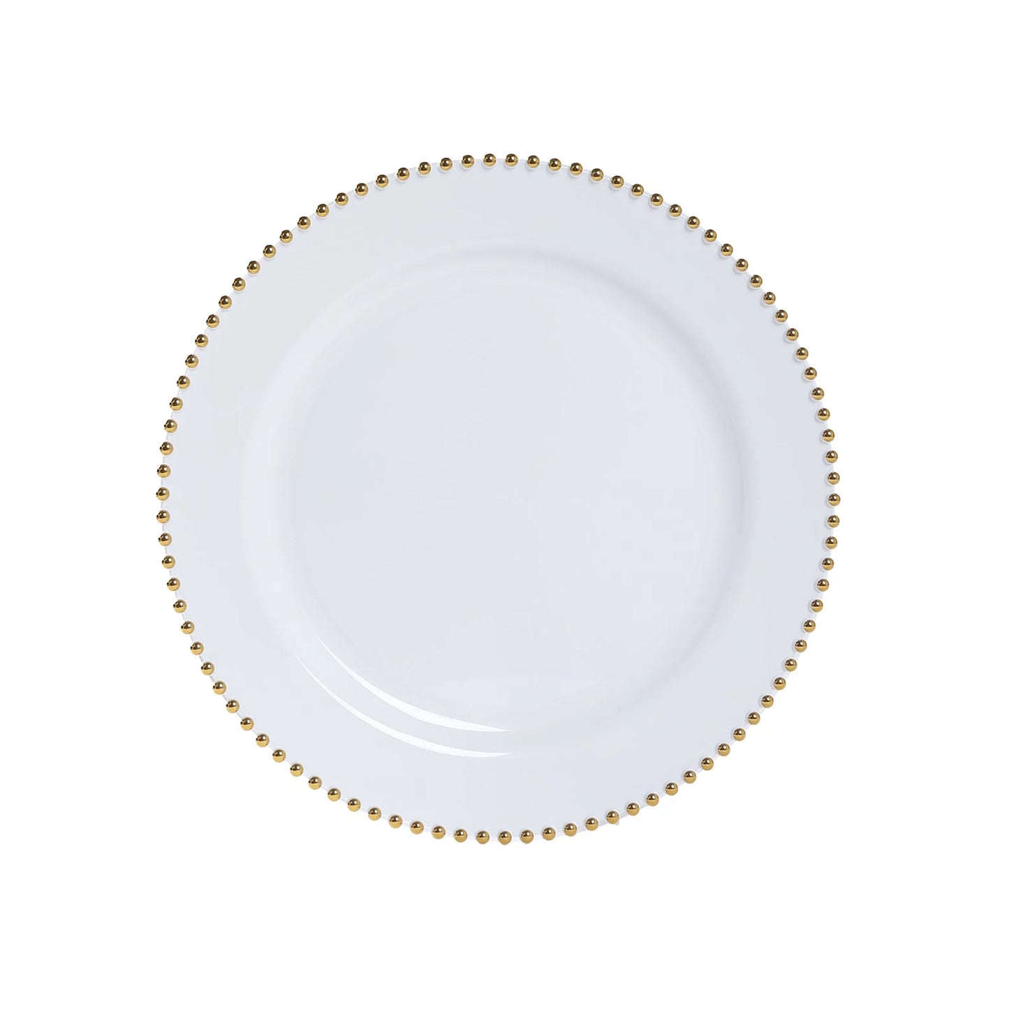 10-Pack Economy Round Plastic Charger Plates 13" in White with Gold Beaded Rim, Stylish Dinner Party Serving Plates