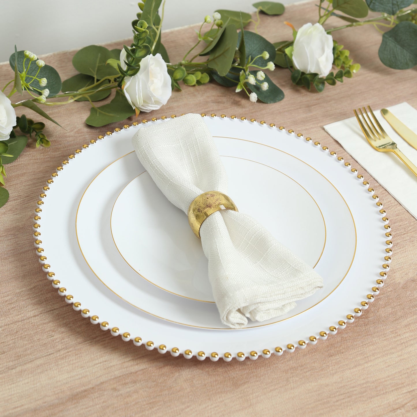 10-Pack Economy Round Plastic Charger Plates 13" in White with Gold Beaded Rim, Stylish Dinner Party Serving Plates