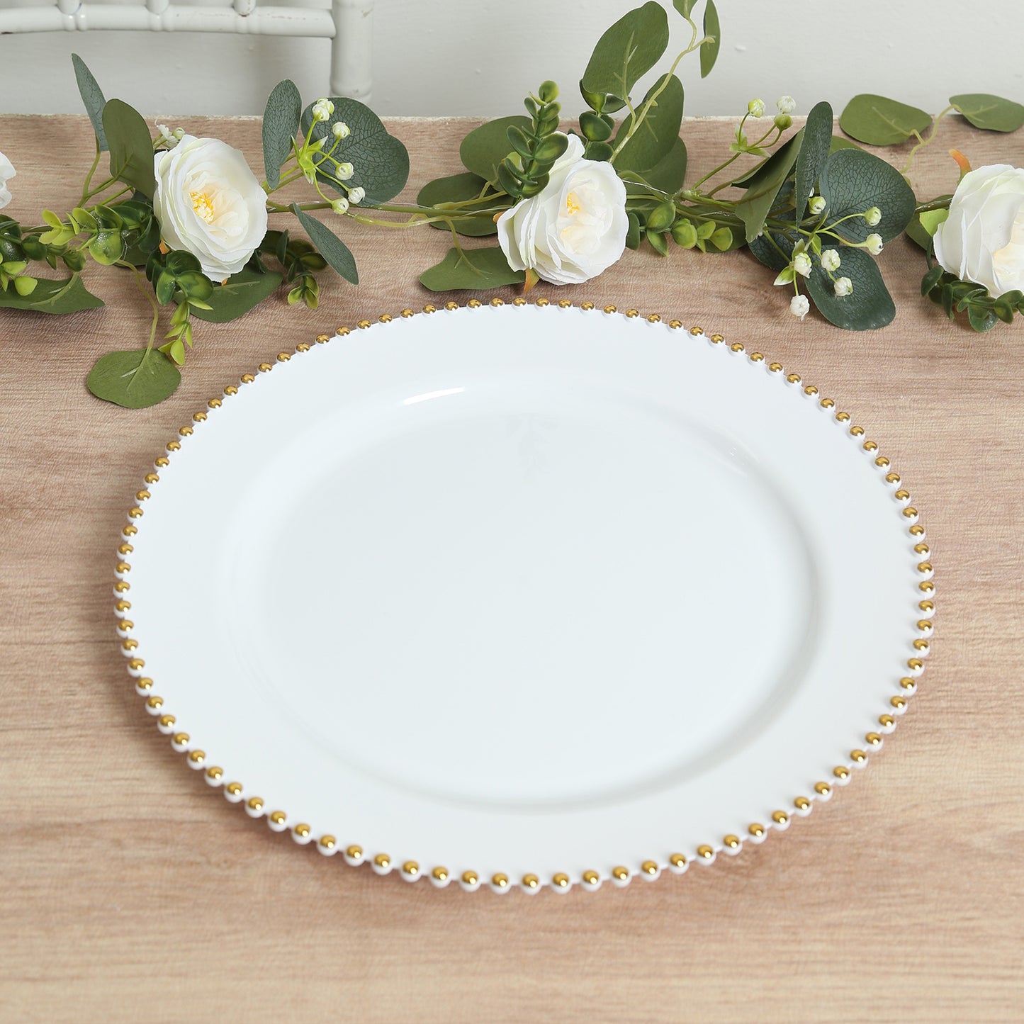 10-Pack Economy Round Plastic Charger Plates 13" in White with Gold Beaded Rim, Stylish Dinner Party Serving Plates