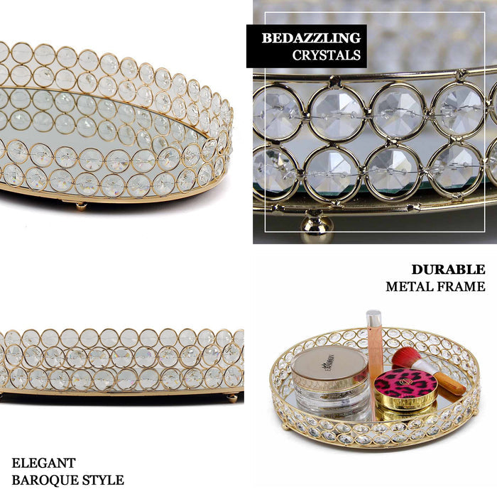 Gold metal round mirror vanity tray with decorative crystals.