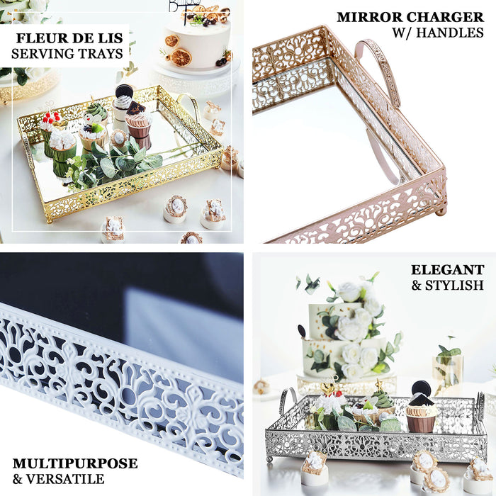 White decorative vanity tray with handles and mirrored surface, elegant and stylish.