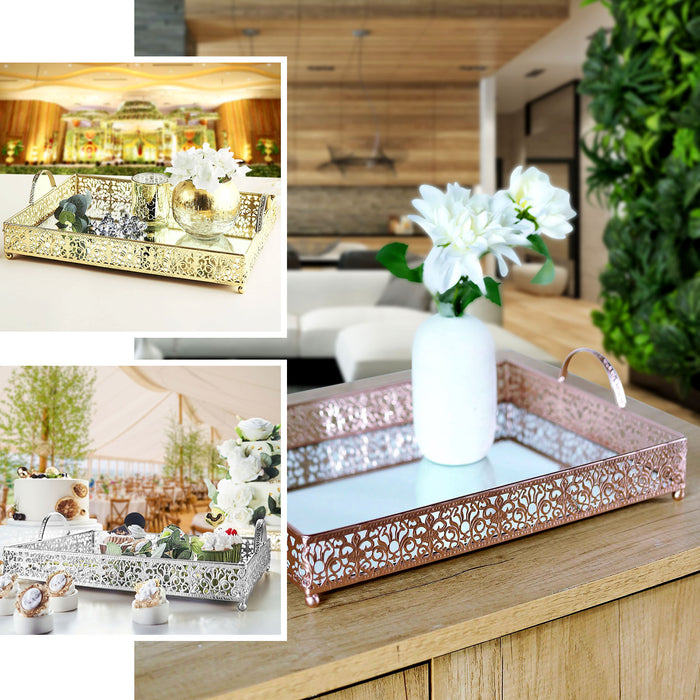 White metal decorative serving tray with handles, rectangular mirrored design.