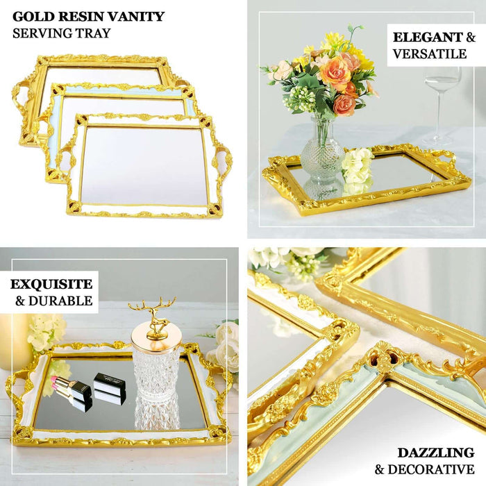 Metallic Gold/White Resin Decorative Vanity Serving Tray, Rectangle Mirrored Tray - 15"x10"