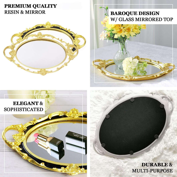 Metallic Black/Gold Oval Resin Decorative Vanity Serving Tray, Mirrored Tray with Handles - 14"x10"