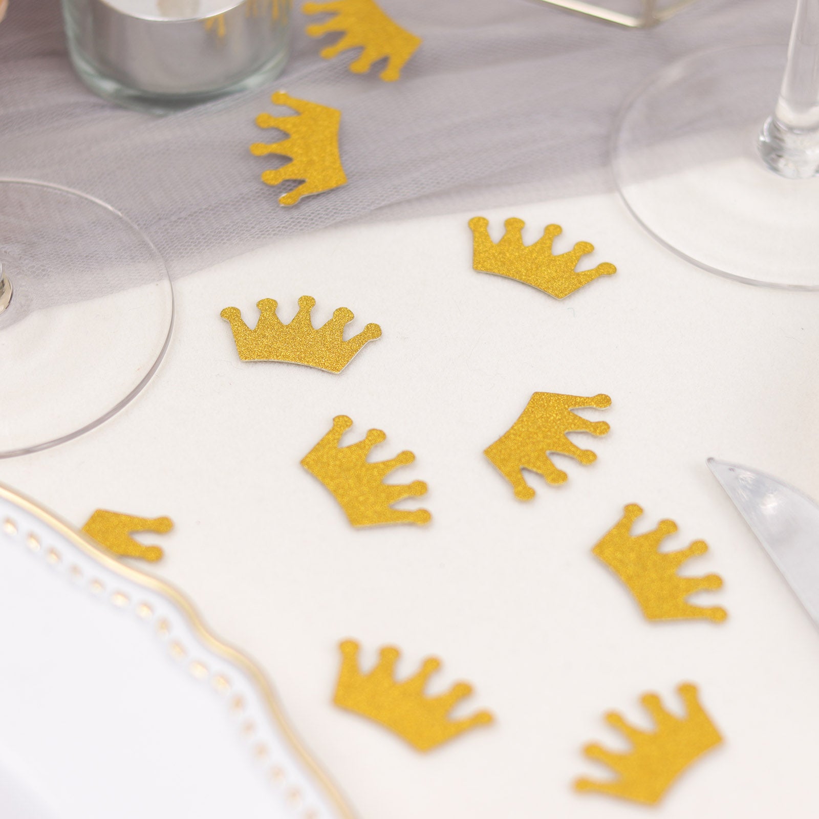 Gold glitter crown confetti for princess theme party decoration.