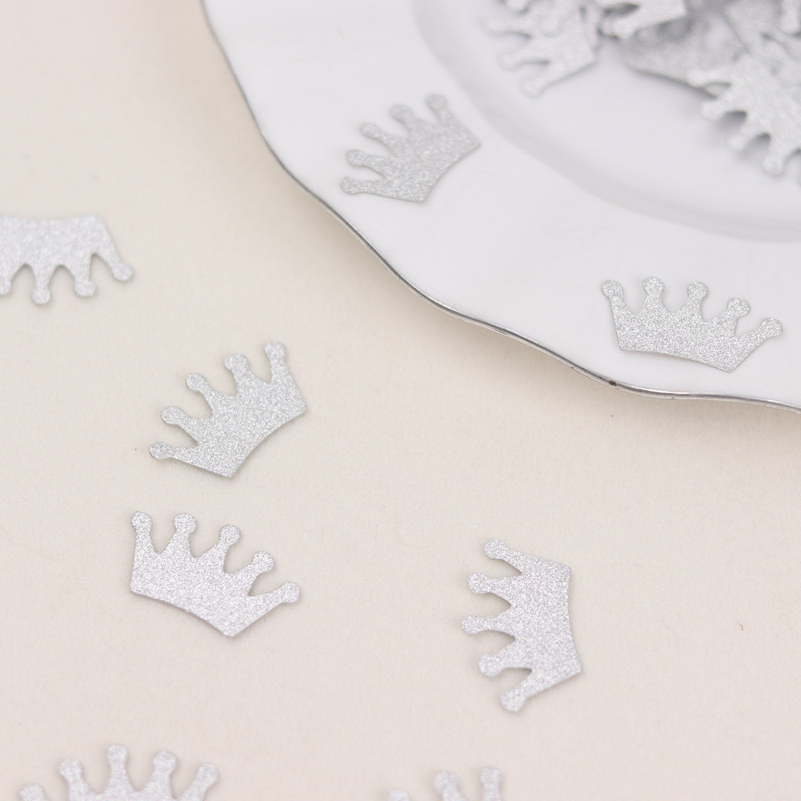 Silver glitter crown paper confetti for princess theme party decoration.