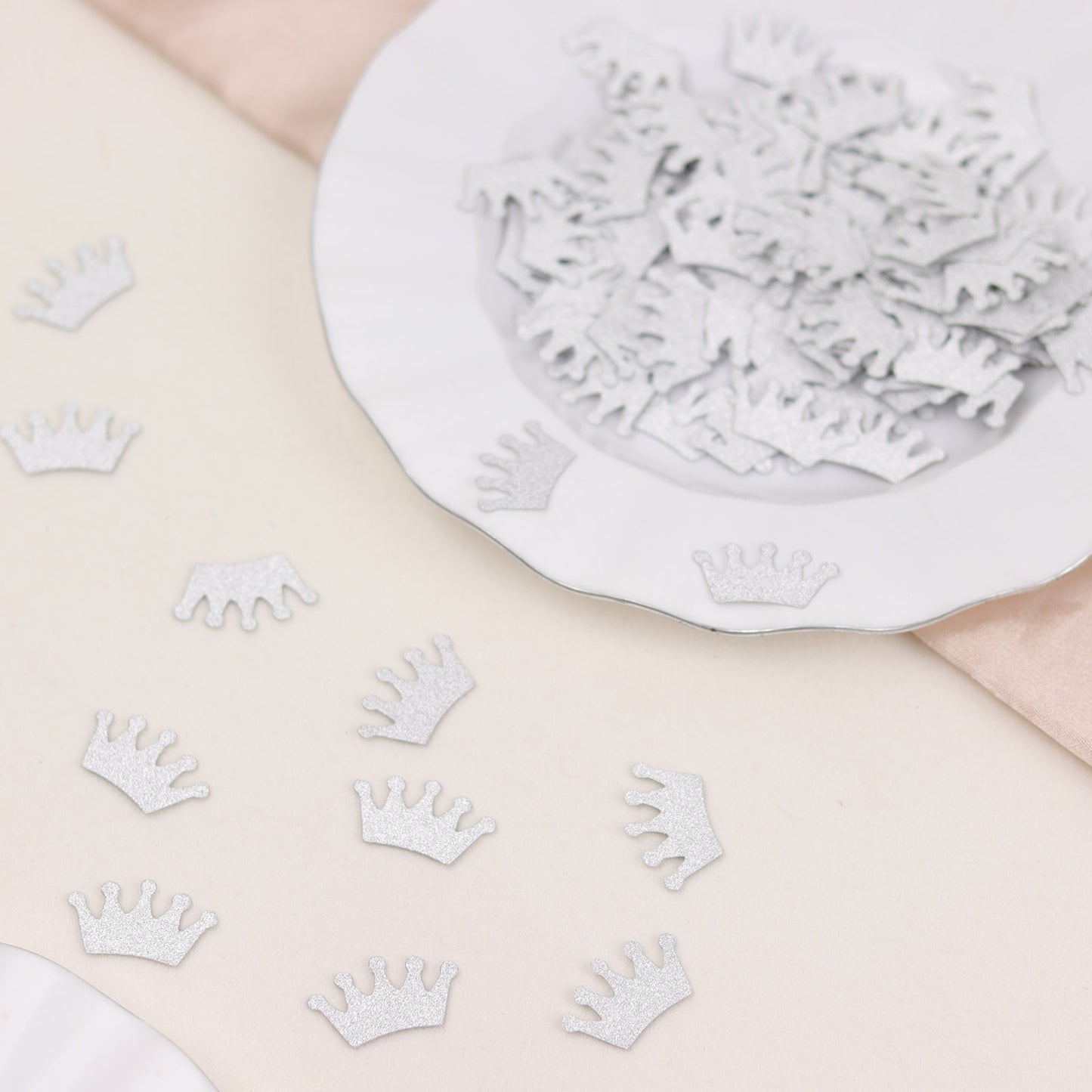 Silver glitter crown paper confetti for princess theme party decoration.
