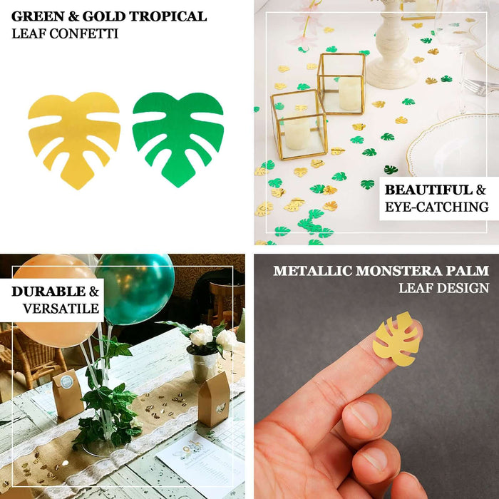 Metallic green and gold tropical palm leaf table confetti for parties.