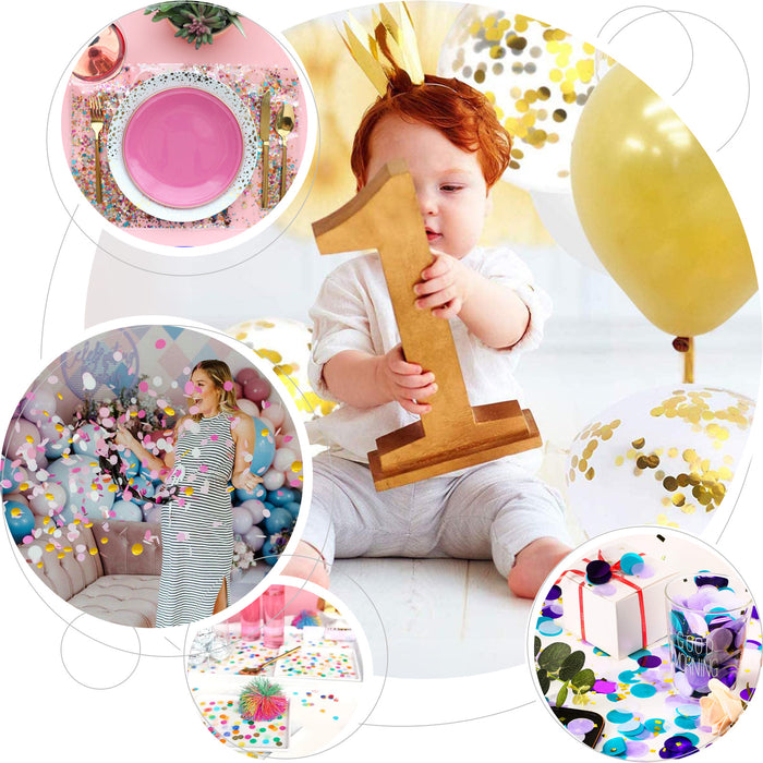 Purple and gold confetti mix with balloons and party decorations.