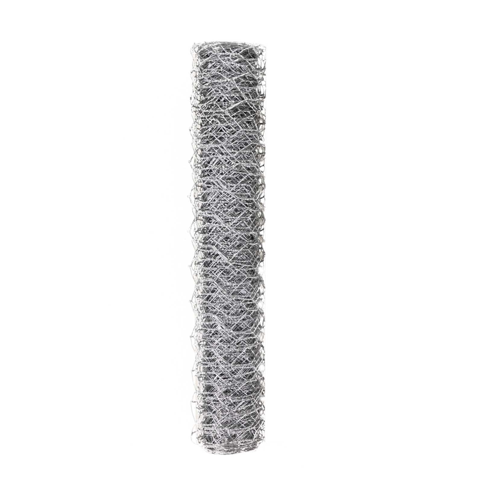 Silver galvanized metal hexagonal chicken wire mesh roll for DIY crafts and garden fencing.