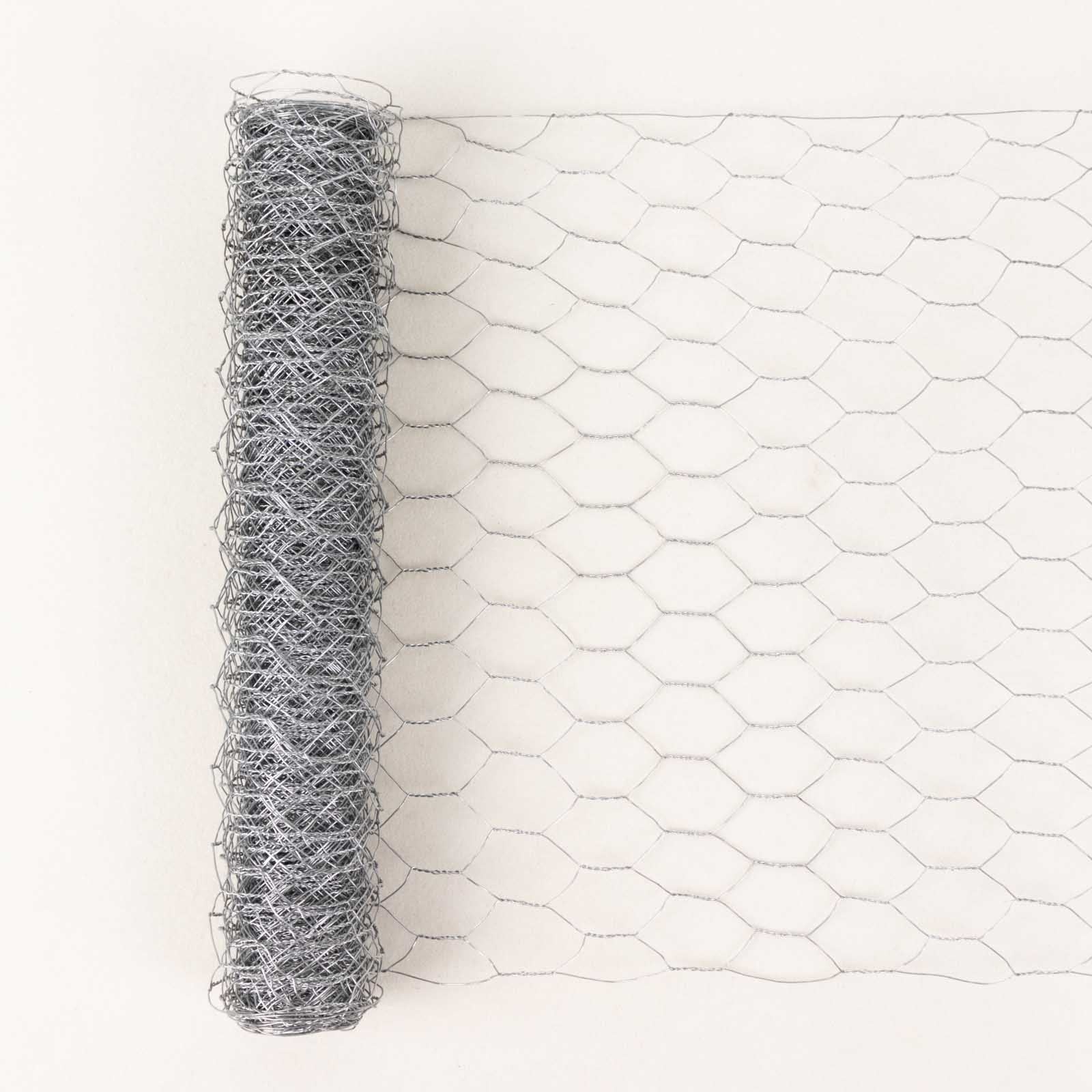 Silver galvanized metal hexagonal chicken wire mesh roll for crafts and fencing.