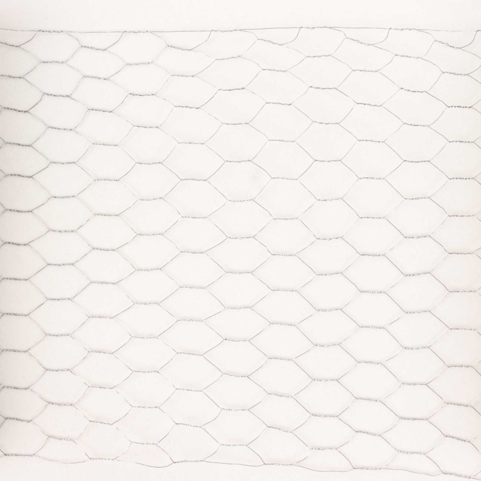 Silver galvanized metal hexagonal chicken wire mesh for DIY crafts and gardening.