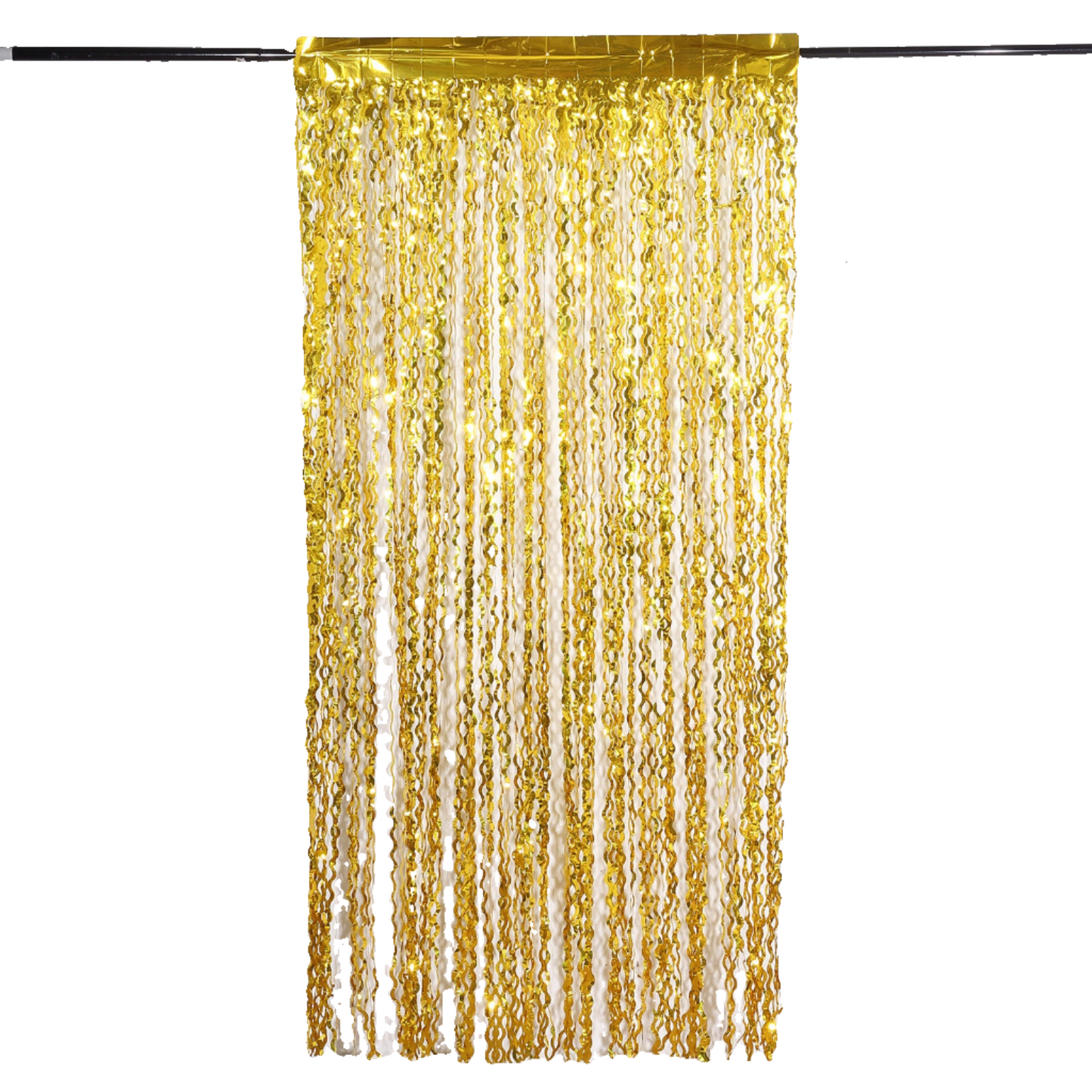 Metallic gold wavy foil fringe party backdrop curtain.