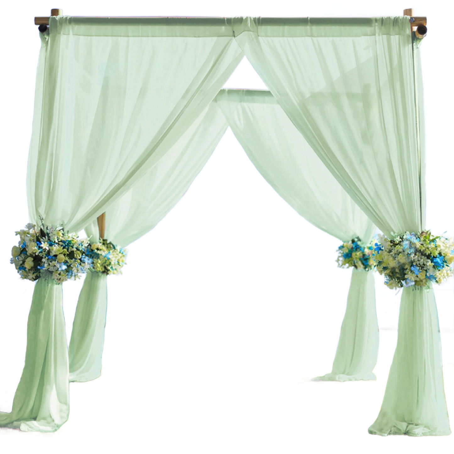 Sage green chiffon curtain panel with floral accents, elegant backdrop drapery.