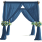 Navy blue chiffon curtain panel backdrop with floral accents.