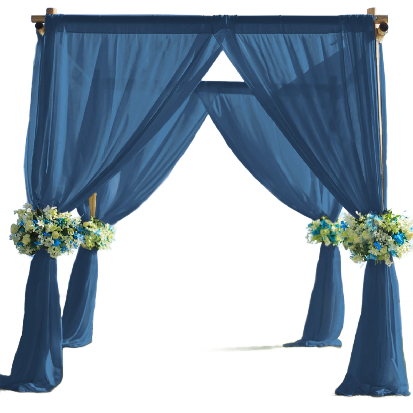 Navy blue chiffon curtain panel backdrop with floral accents.