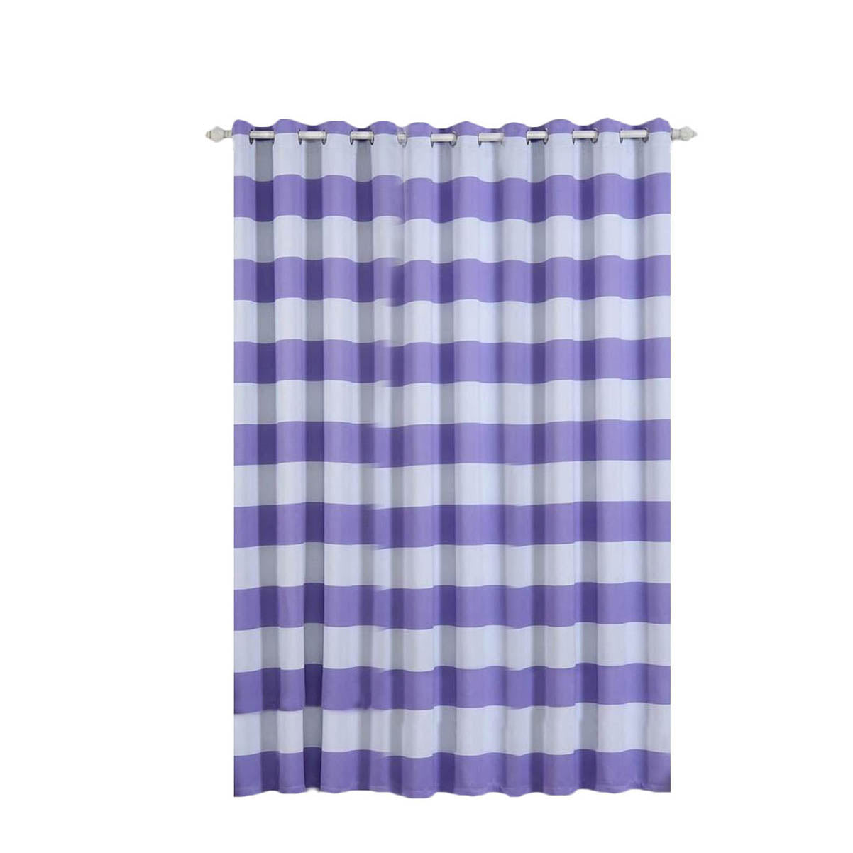 White and lavender lilac striped blackout curtain panel.