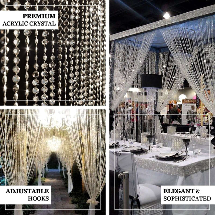 Clear crystal diamond beaded curtain with adjustable hooks and plastic rod.