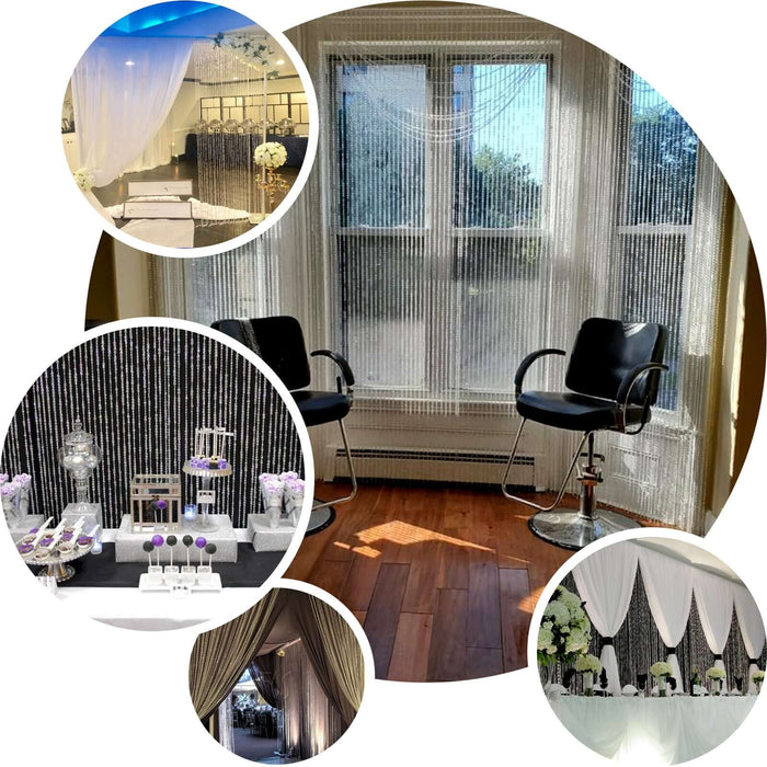 Black crystal diamond beaded curtain with plastic rod and adjustable hooks.