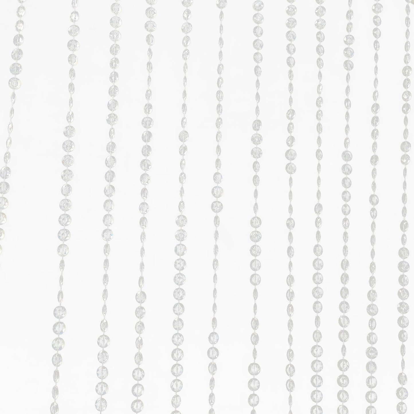 Clear acrylic beaded curtain with diamond cut beads and fabric rod pocket.