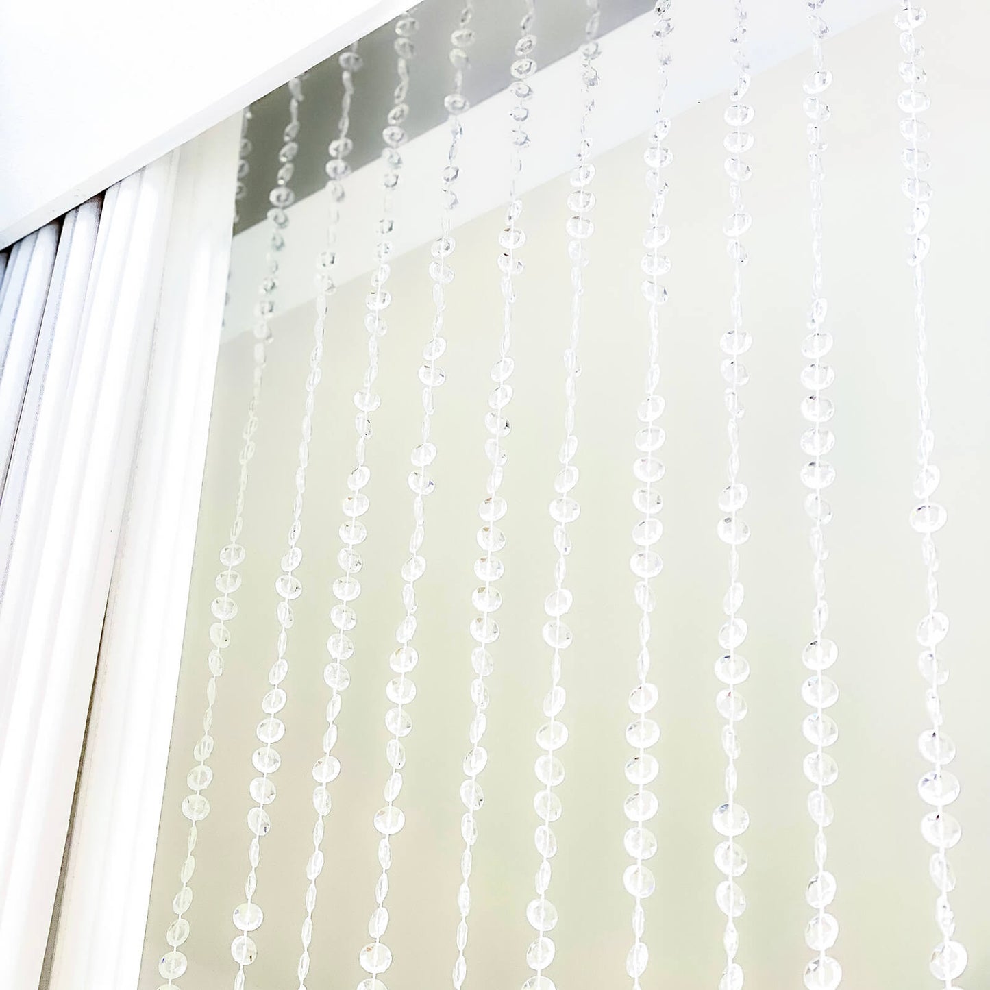 Clear acrylic beaded curtain with fabric rod pocket, 5ftx10ft, elegant room divider.