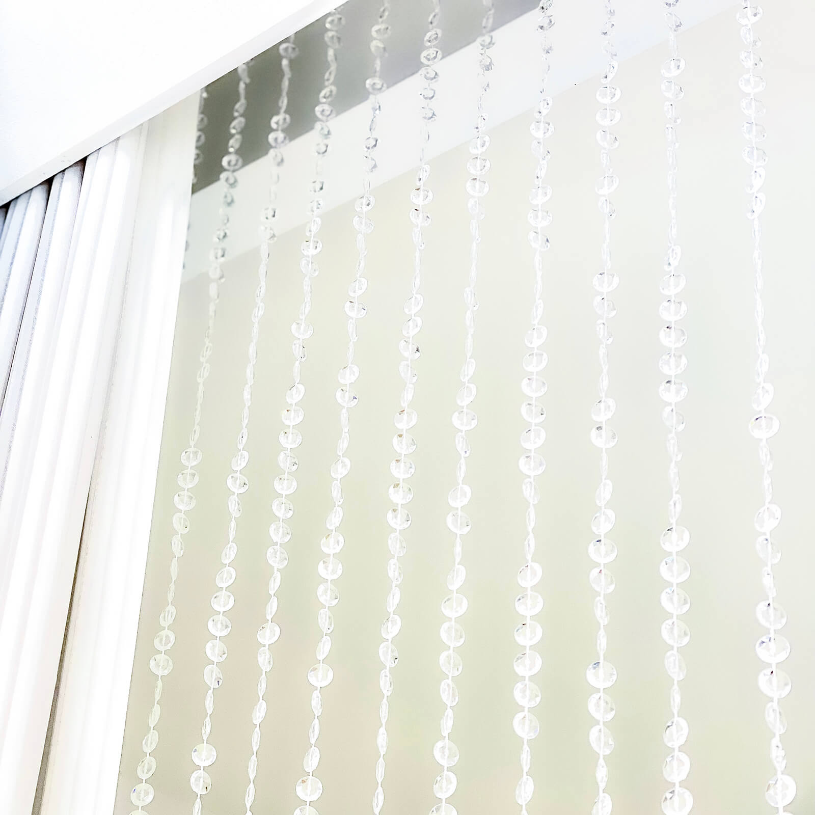 Clear acrylic beaded curtain with fabric rod pocket, 5ftx10ft, elegant room divider.