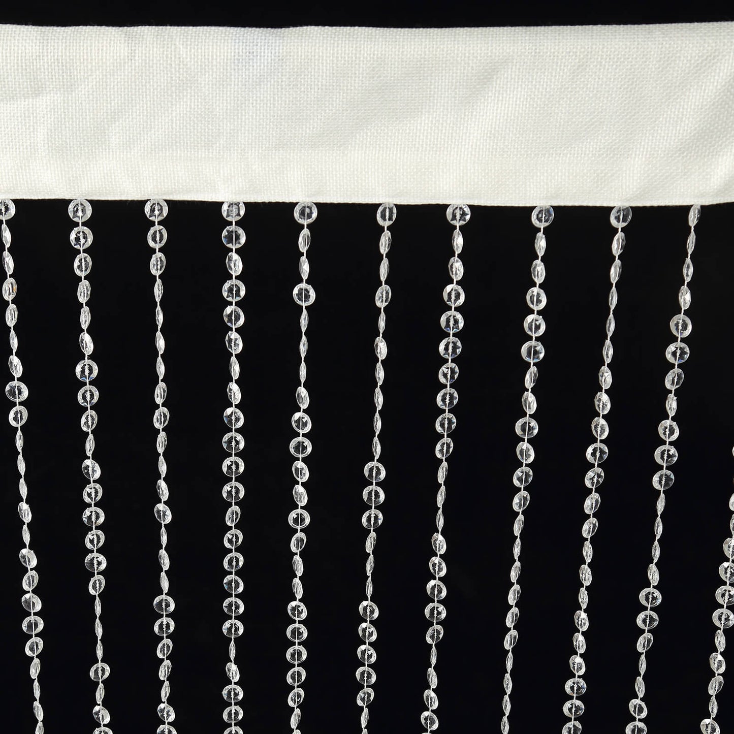 Clear acrylic beaded curtain with fabric rod pocket, 5ftx10ft.