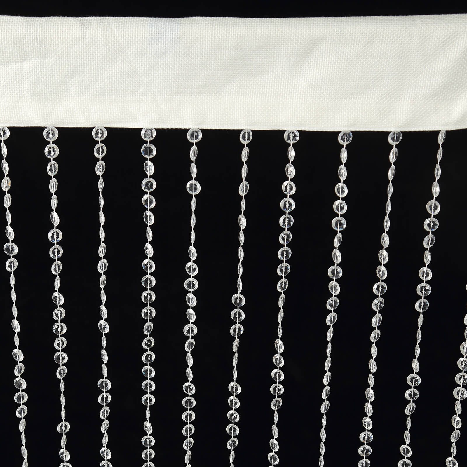 Clear acrylic beaded curtain with fabric rod pocket, 5ftx10ft.