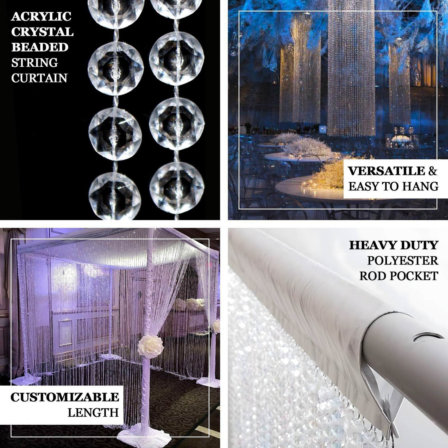 Clear acrylic crystal beaded curtain with fabric rod pocket, 5ftx12ft.