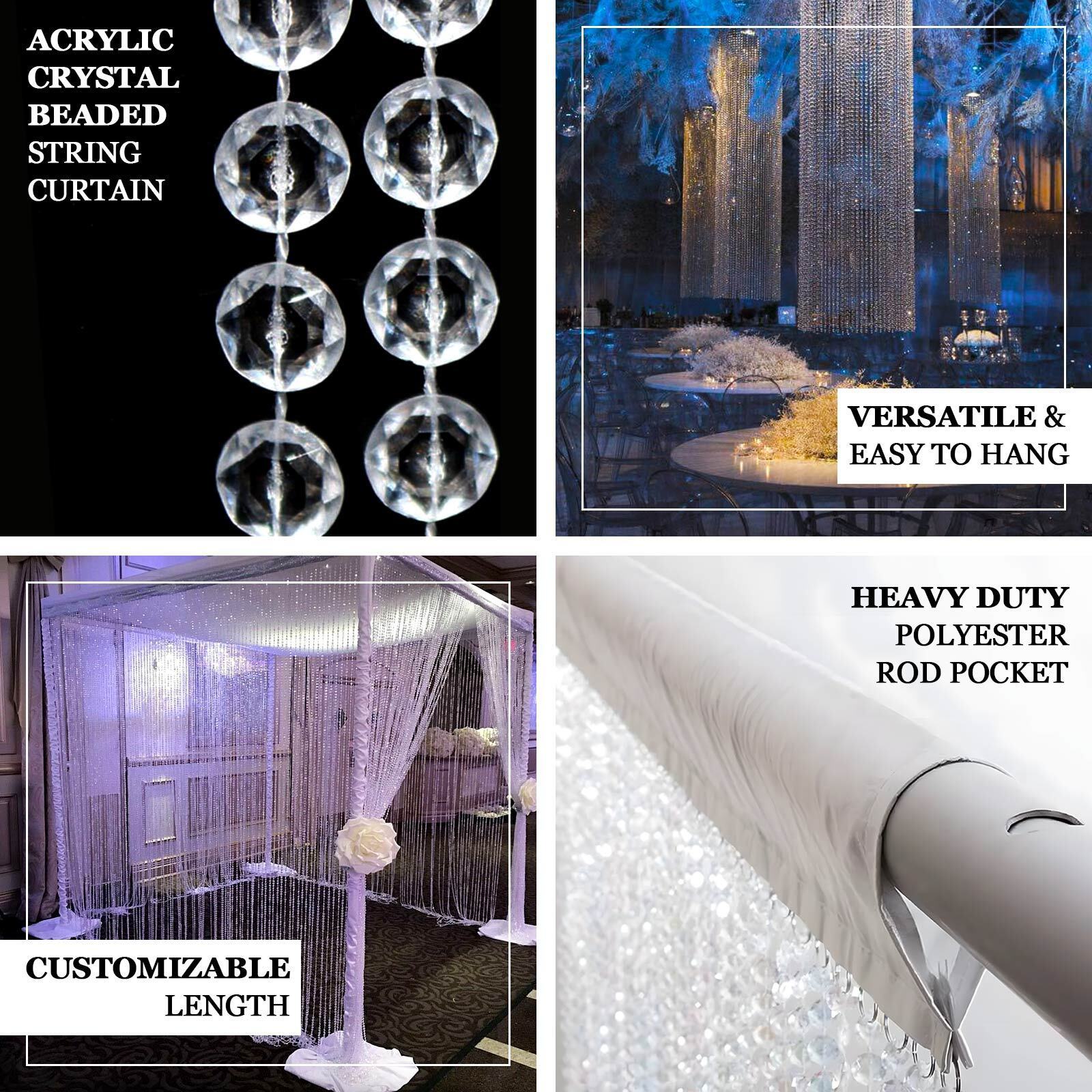 Clear acrylic crystal beaded curtain with fabric rod pocket, 5ftx12ft.