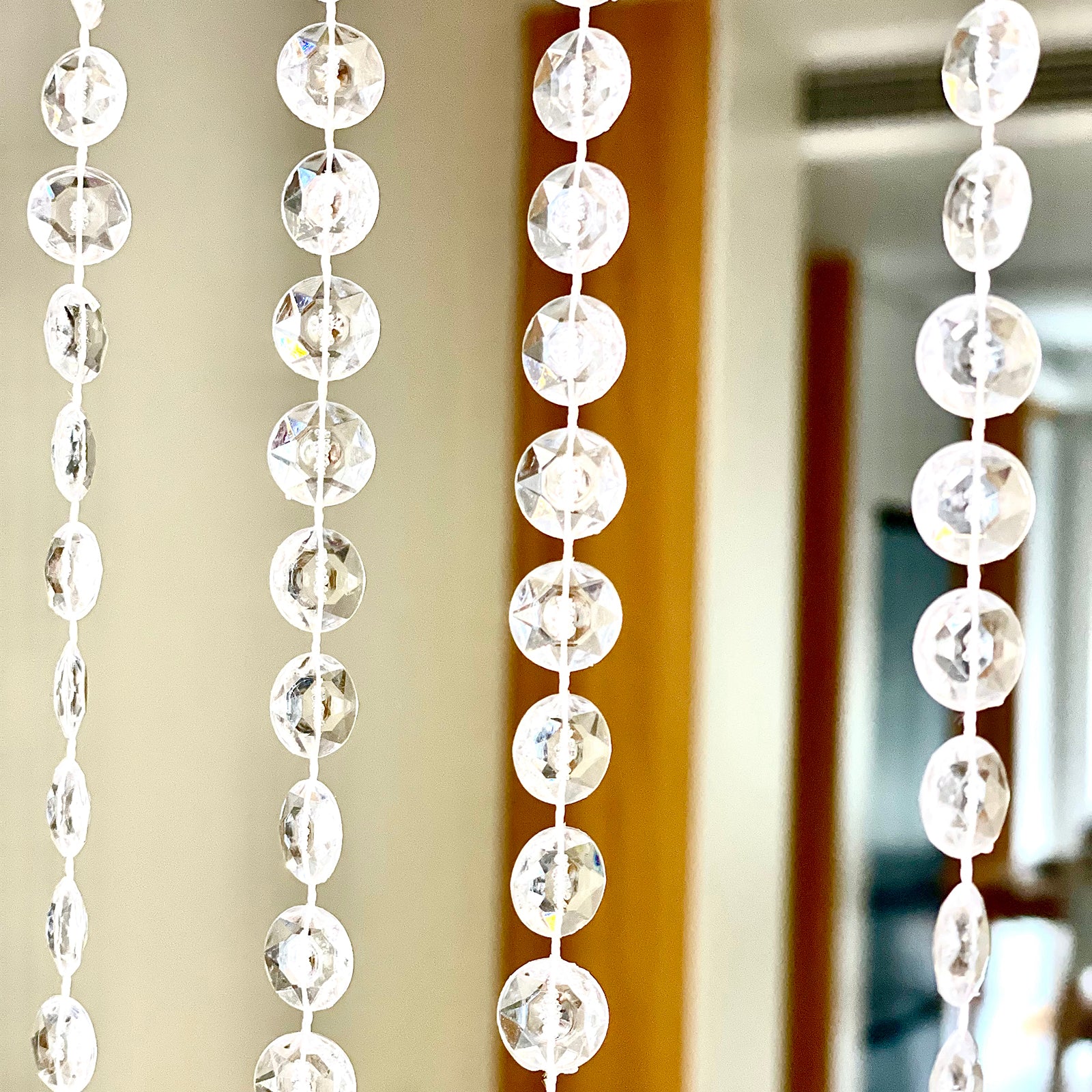 Clear acrylic crystal beaded curtain with fabric rod pocket, 5ftx12ft.