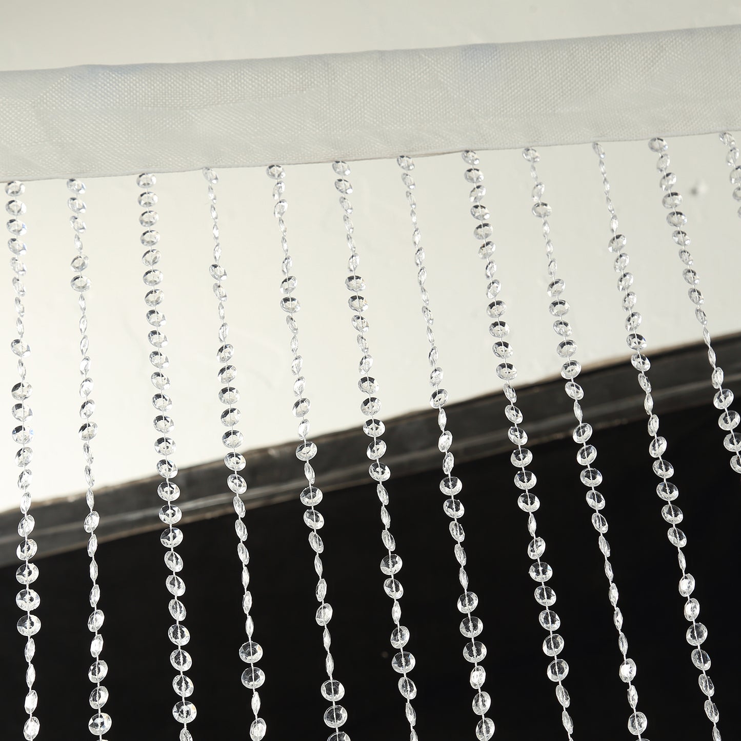 Clear acrylic beaded curtain with fabric rod pocket, 5ftx12ft.