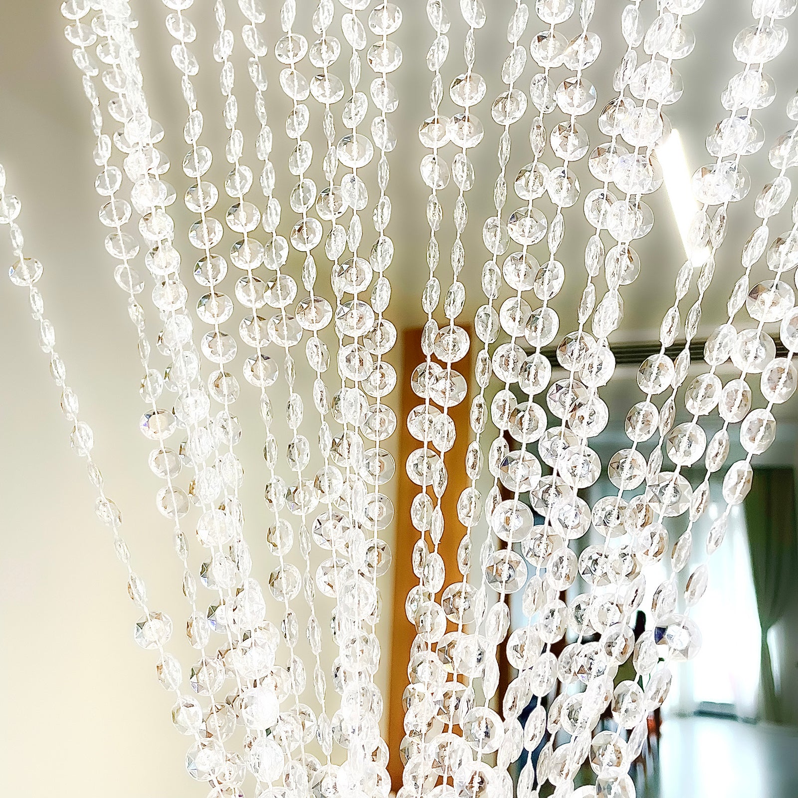 Clear diamond cut beaded curtain with fabric rod pocket, 5ftx12ft.