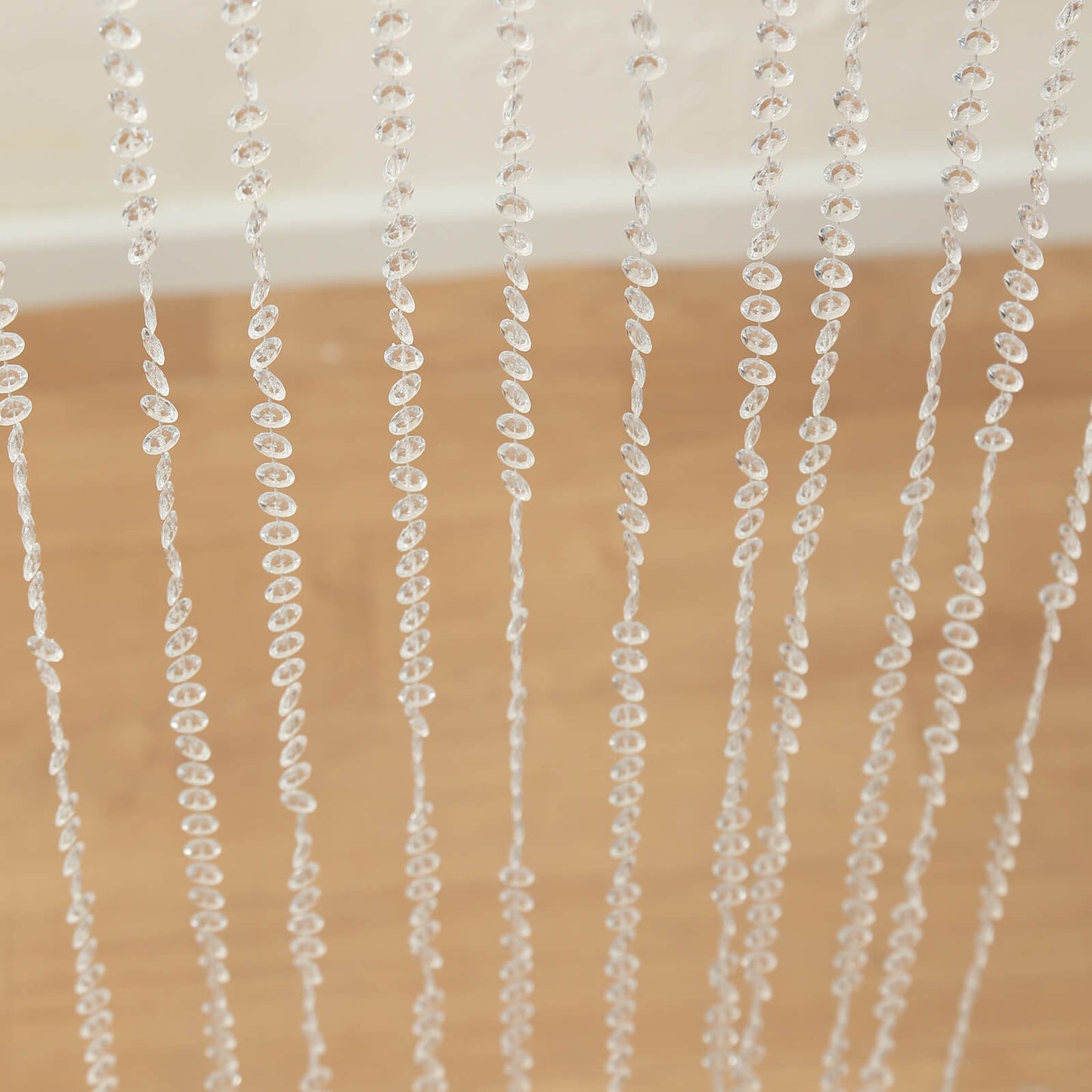 Clear acrylic beaded curtain with fabric rod pocket, 5ftx16ft.