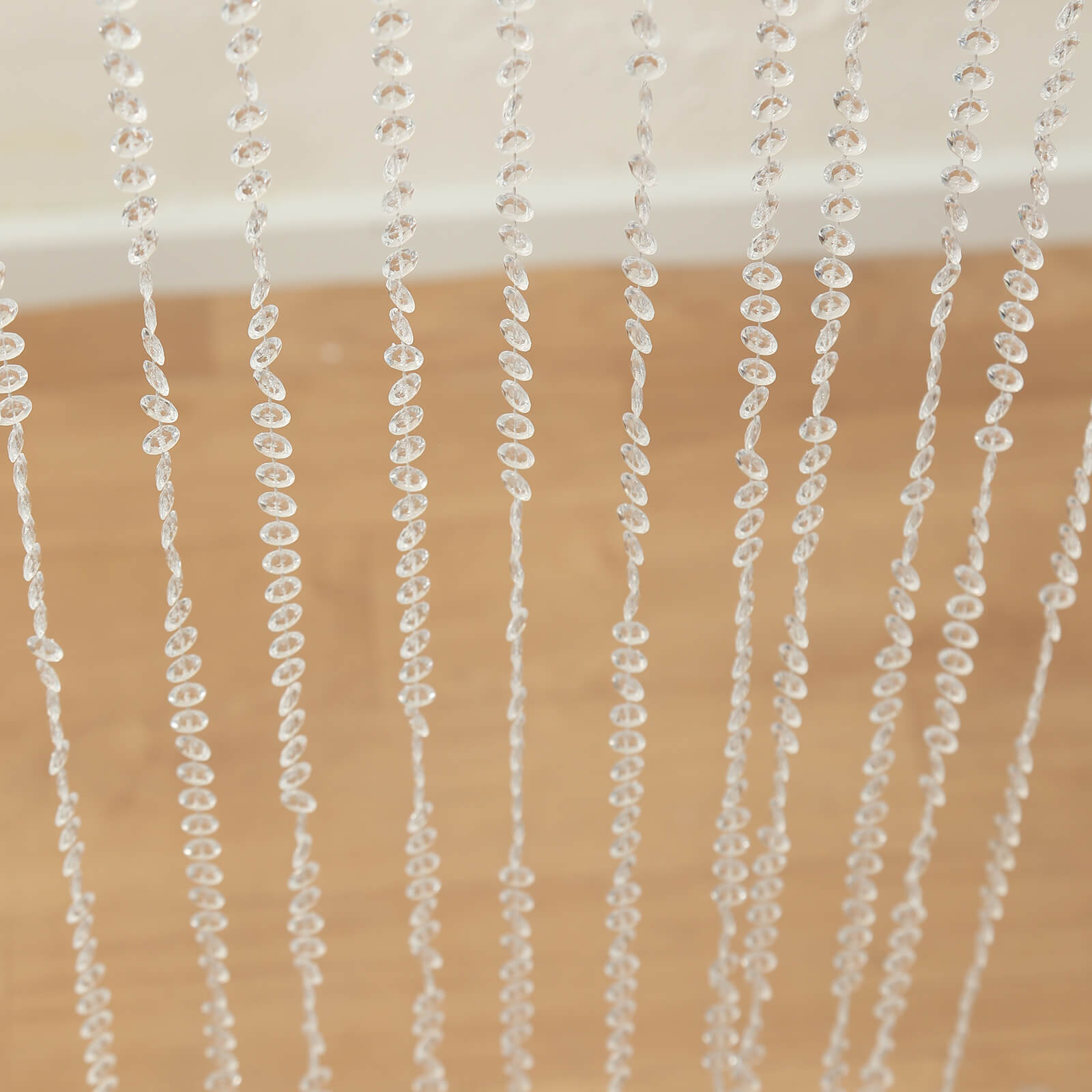 Clear acrylic beaded curtain with fabric rod pocket, 5ftx16ft.