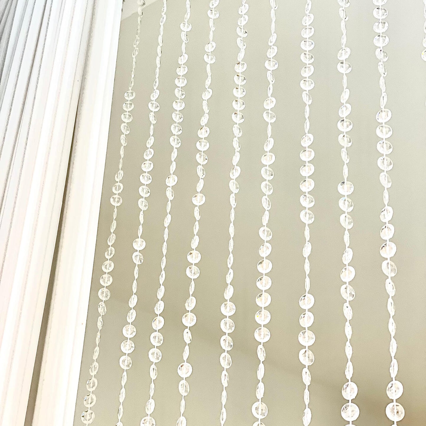 Clear acrylic crystal beaded curtain with fabric rod pocket, 5ftx16ft.