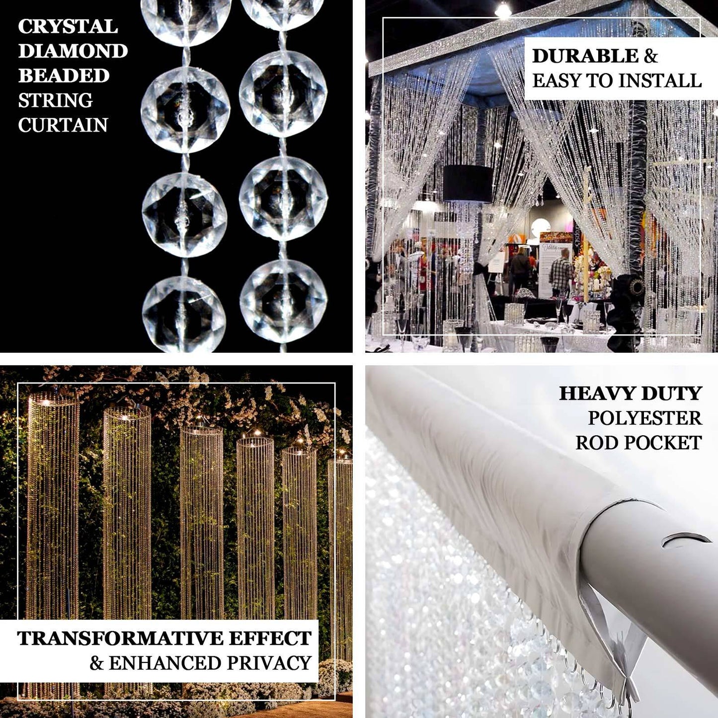 Clear diamond beaded curtain with fabric rod pocket, 5ftx16ft.