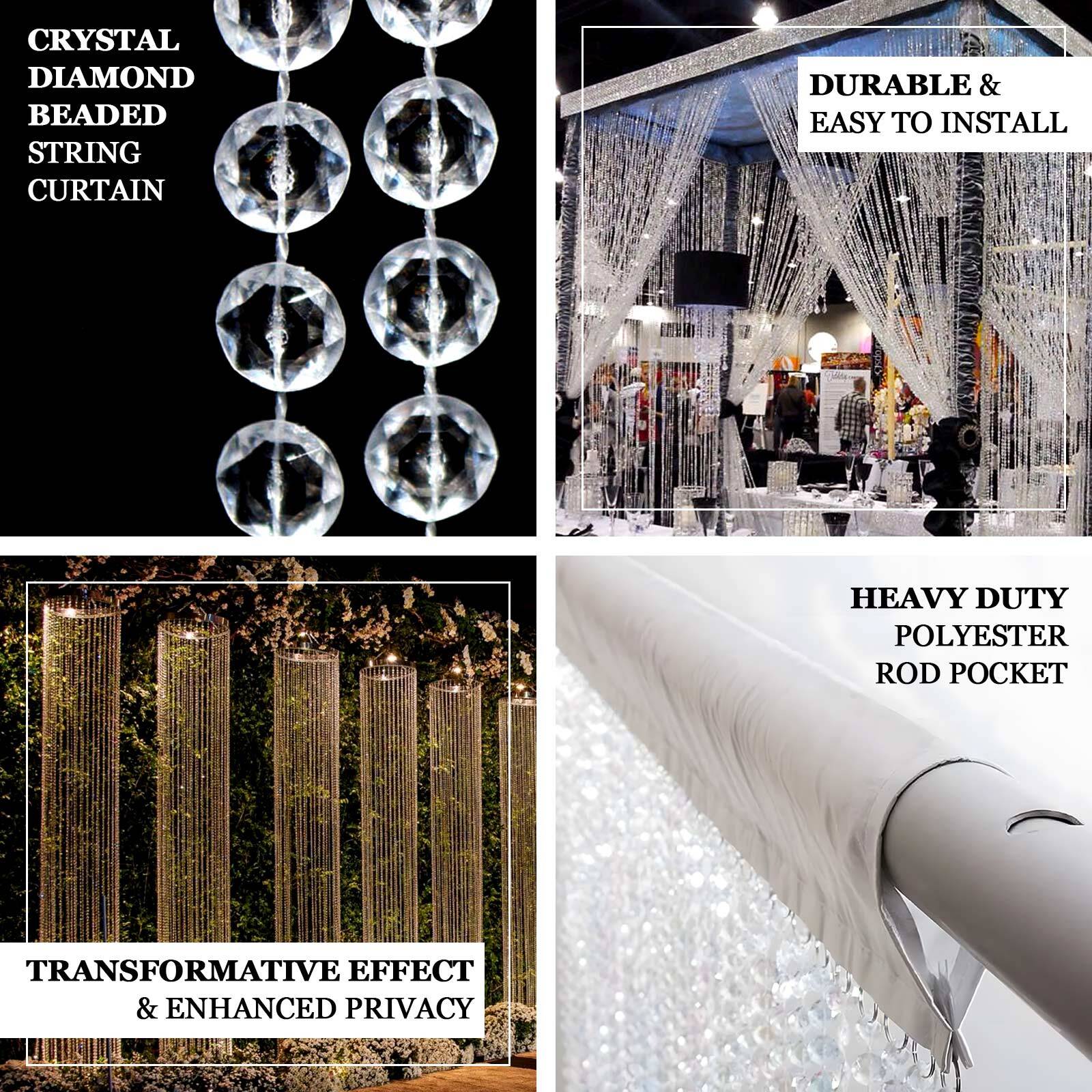 Clear diamond beaded curtain with fabric rod pocket, 5ftx16ft.