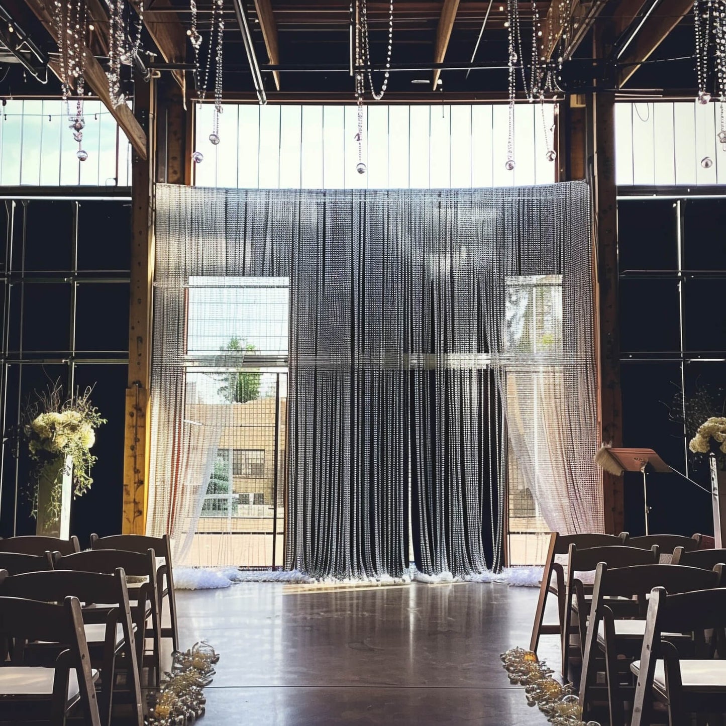 Clear acrylic beaded curtain room divider, 5ftx16ft, elegant design.