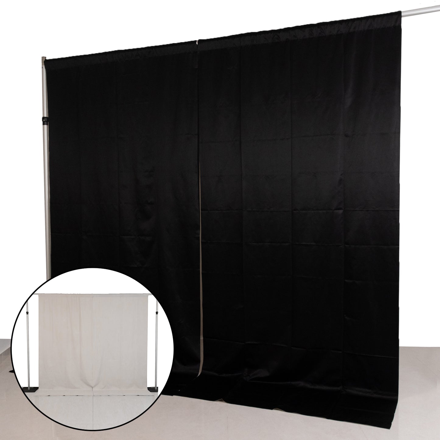 Lamour Satin Blackout Curtains 10ft x 10ft Panels Black/Ivory | Water-Resistant PU-Coated Double Sided Backdrop for Weddings & Events