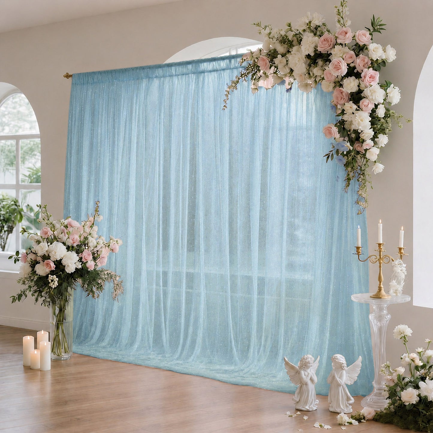 Sheer Backdrop Curtain Panel 10ft × 10ft Dusty Blue – Wedding Arch Drape with Rod Pocket