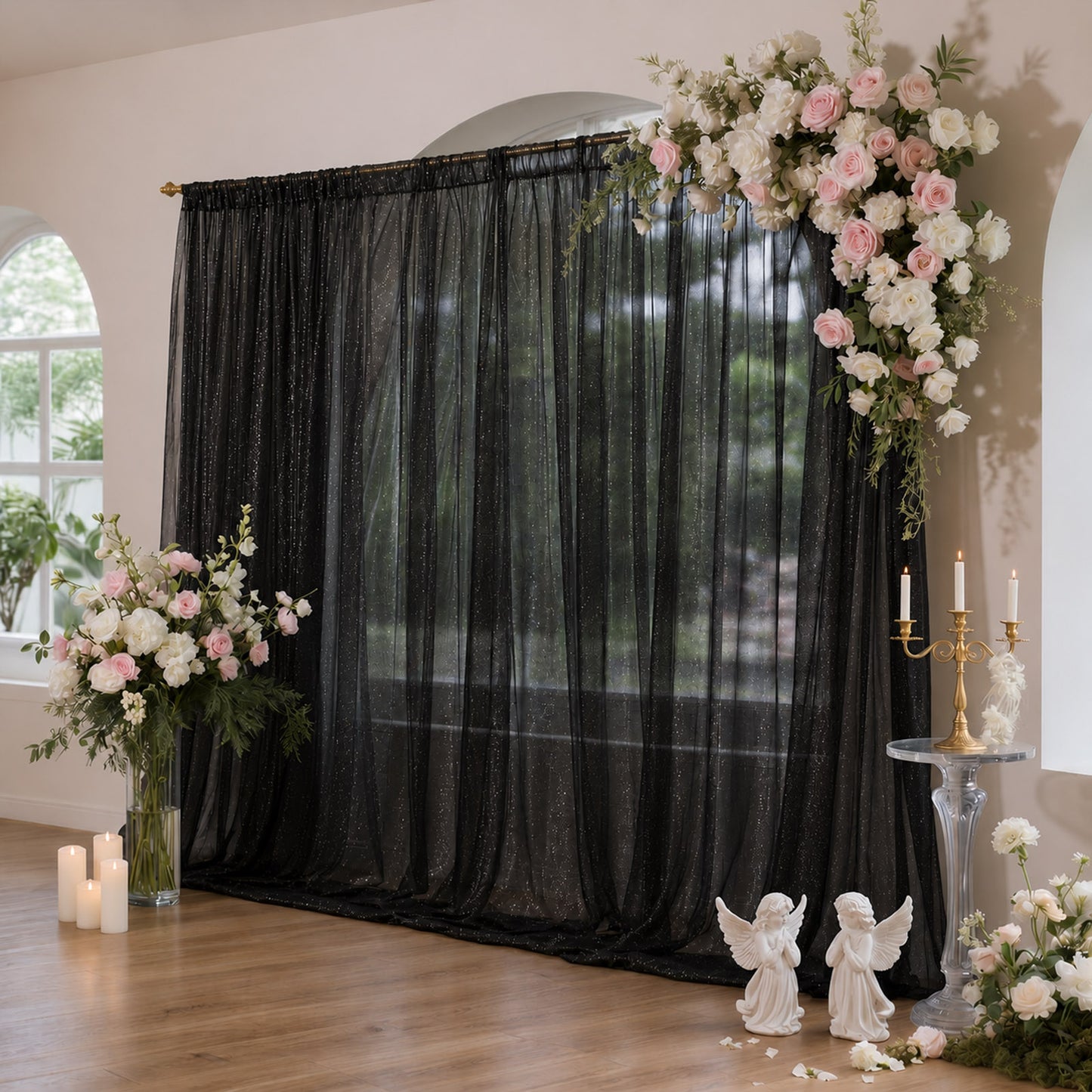Sheer Backdrop Curtain Panel 10ft × 10ft Black – Wedding Arch Drape with Rod Pocket
