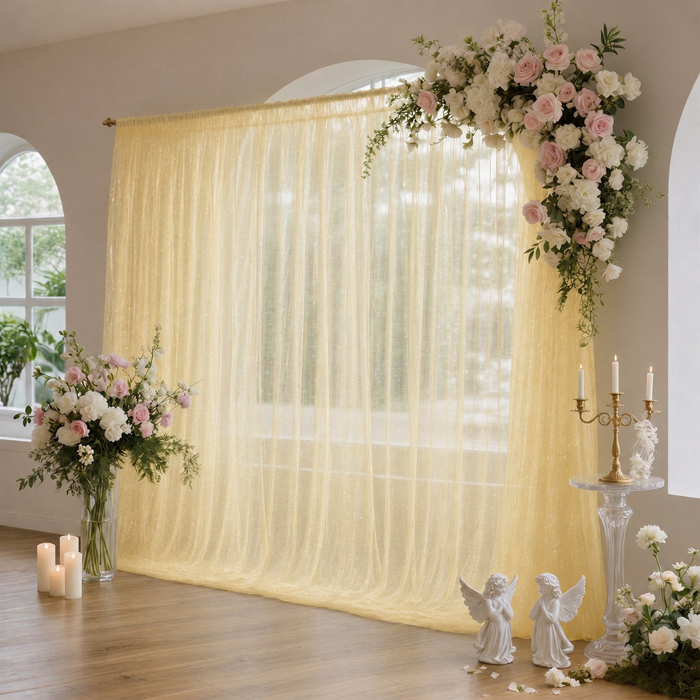 Sheer Backdrop Curtain Panel 10ft × 10ft Champagne – Wedding Arch Drape with Rod Pocket