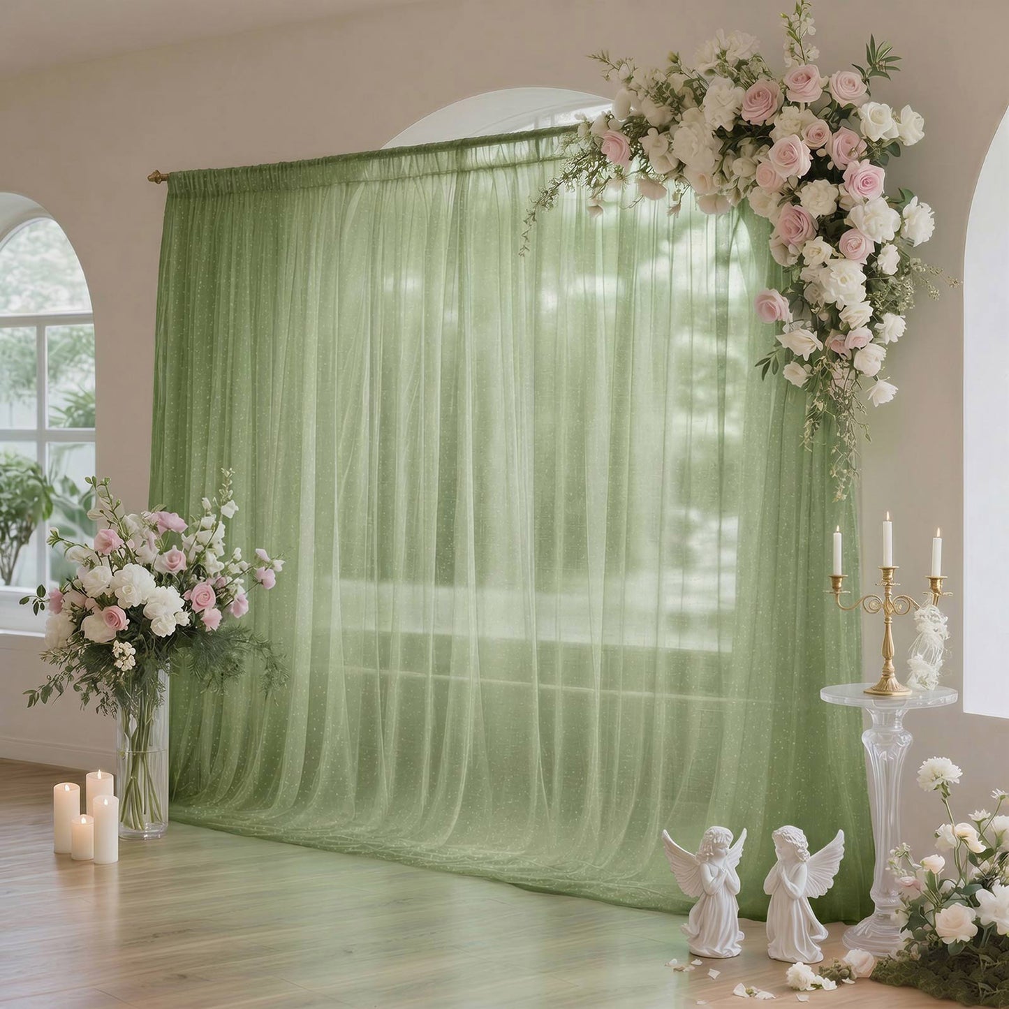 Sheer Backdrop Curtain Panel 10ft × 10ft Dusty Sage Green – Wedding Arch Drape with Rod Pocket