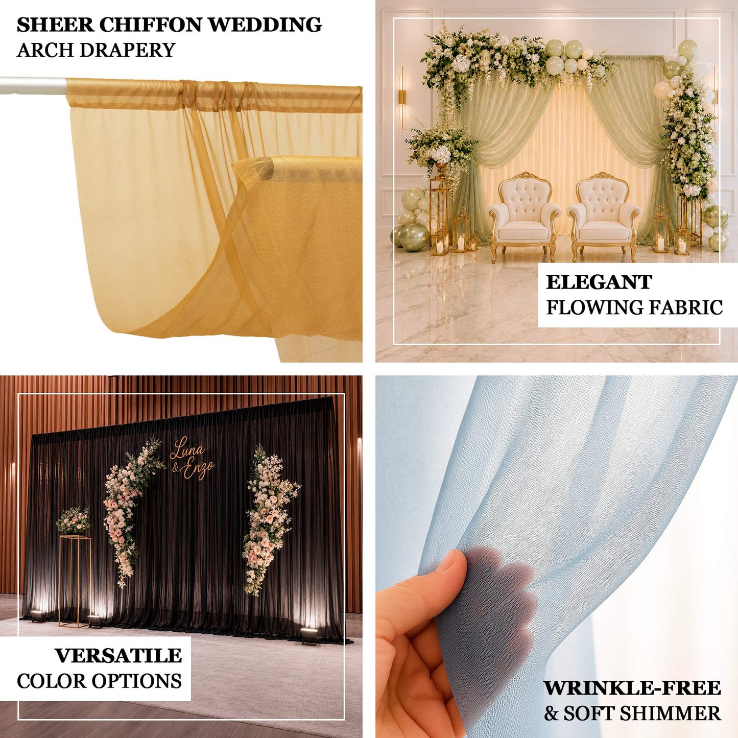 Lightweight sheer chiffon drapery fabric creating elegant folds and graceful event styling