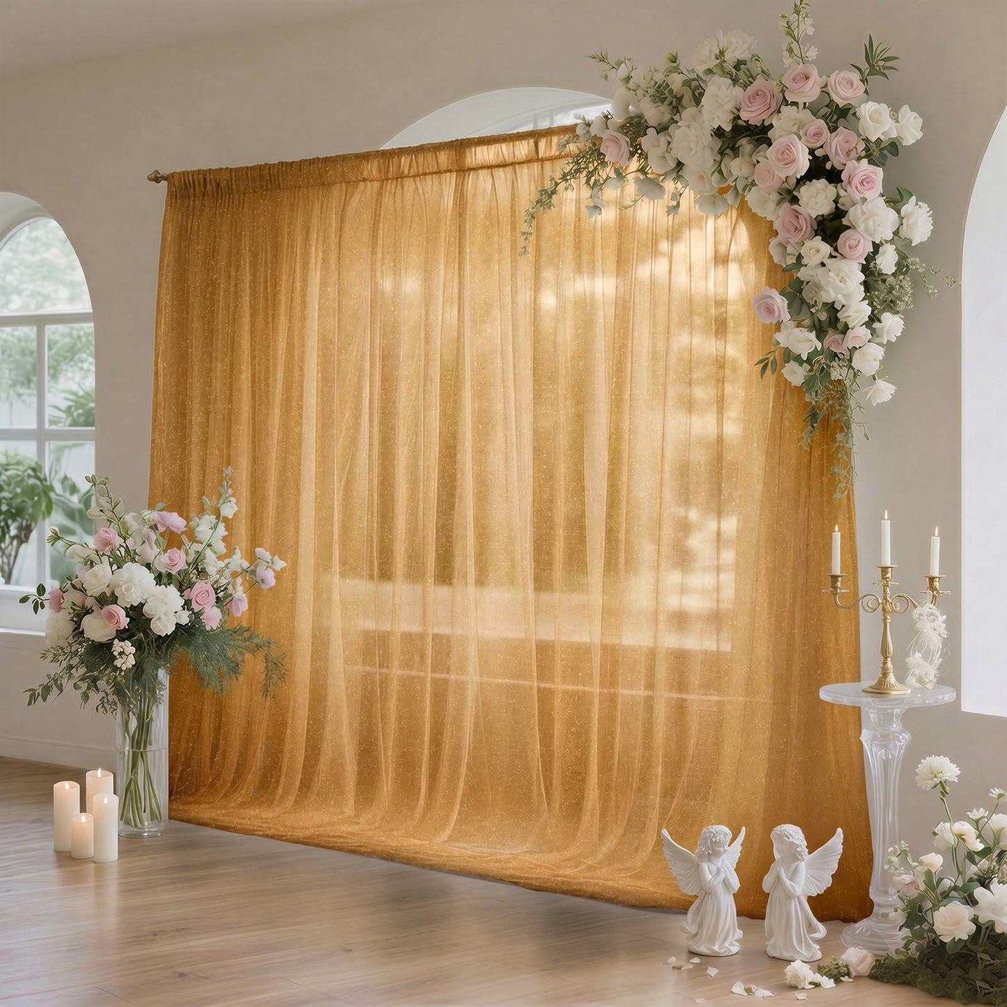 Sheer Backdrop Curtain Panel 10ft × 10ft Gold – Wedding Arch Drape with Rod Pocket