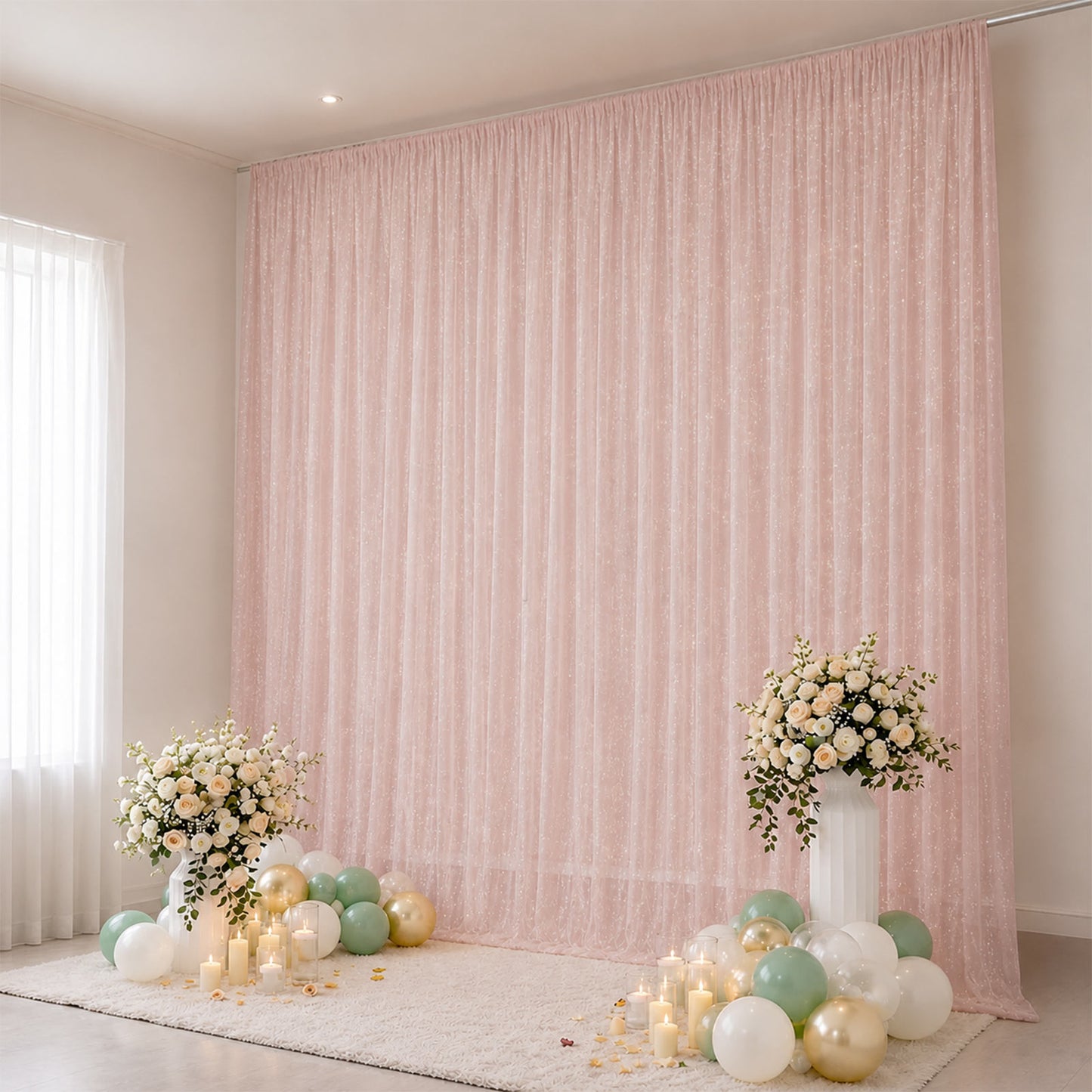 Sheer Backdrop Curtain Panel 10ft × 14ft Blush – Wedding Arch Drape with Rod Pocket, Ceiling Draping