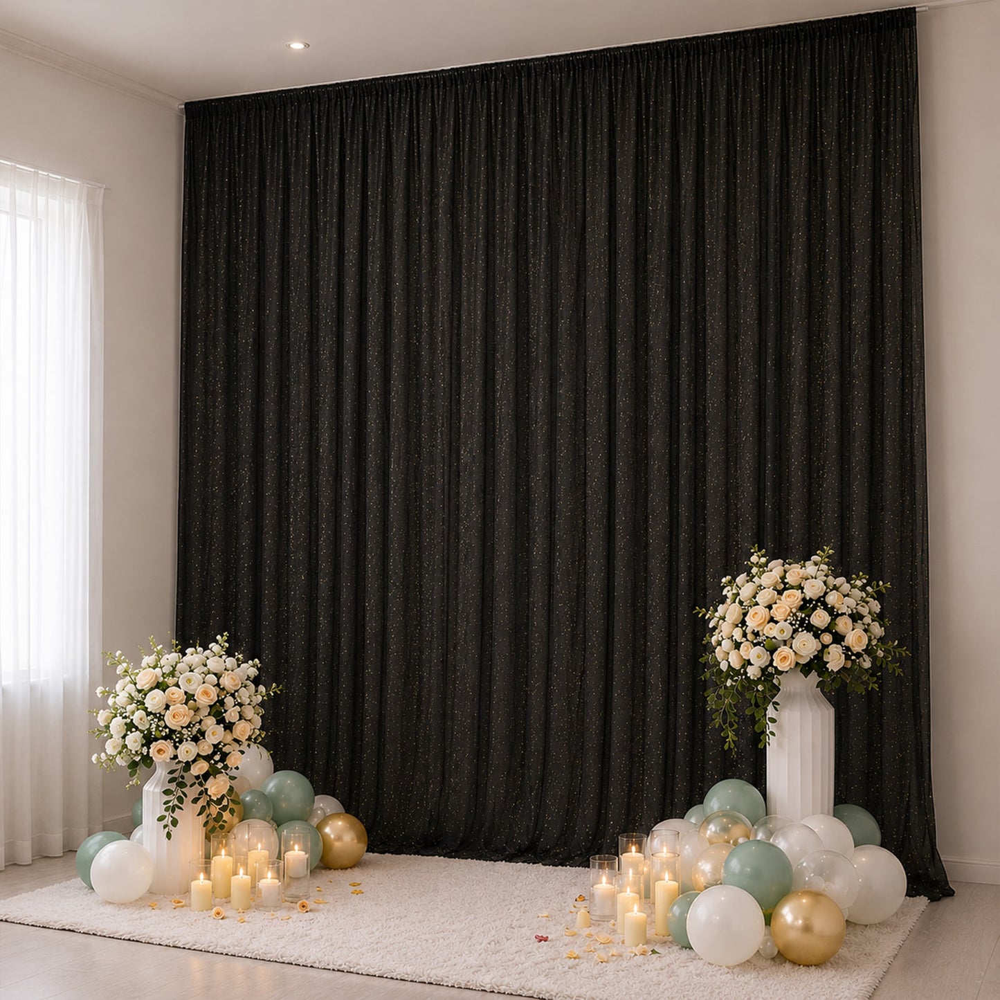 Sheer Backdrop Curtain Panel 10ft × 14ft Black – Wedding Arch Drape with Rod Pocket, Ceiling Draping