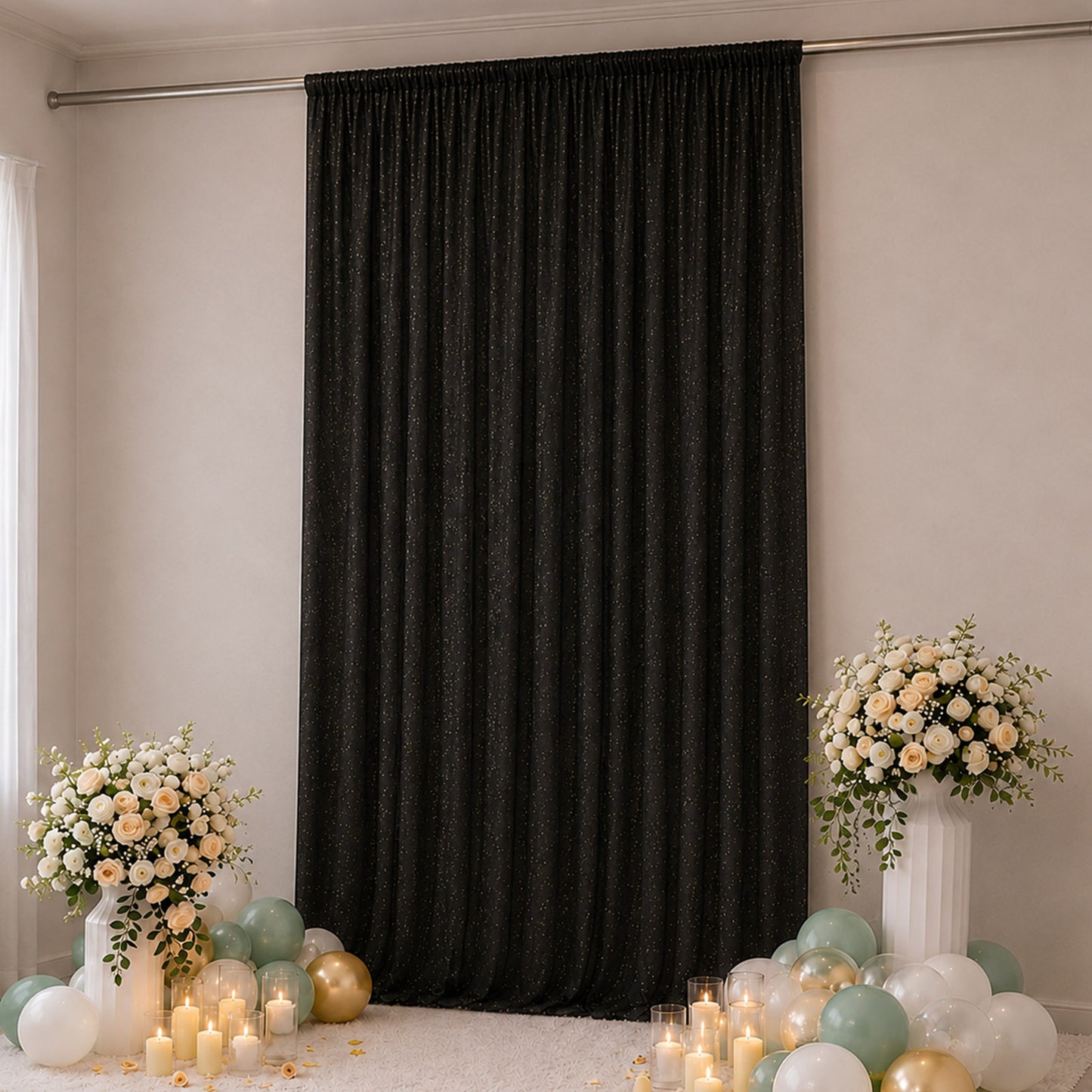 Sheer Backdrop Curtain Panel 10ft × 14ft Black – Wedding Arch Drape with Rod Pocket, Ceiling Draping