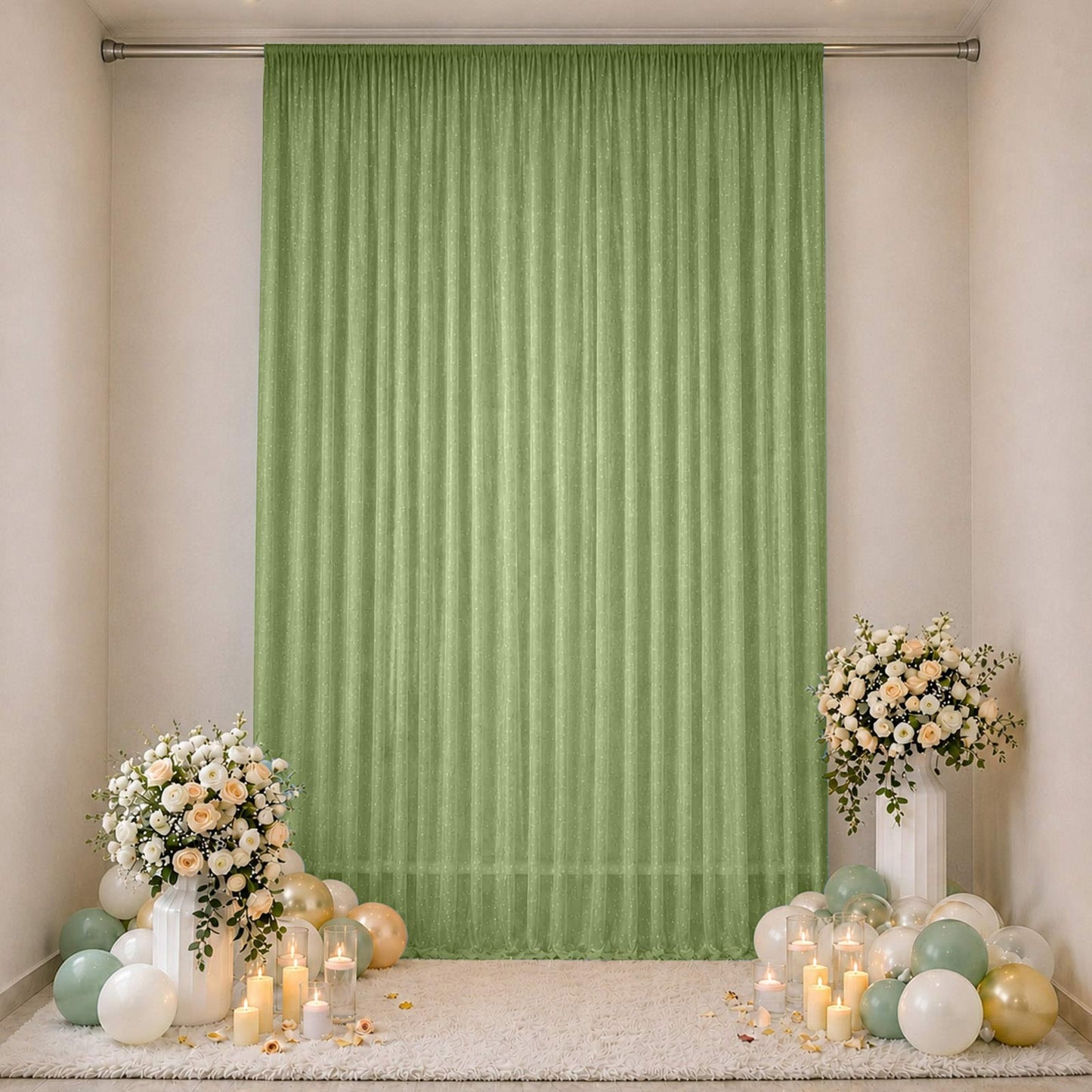 Sheer Backdrop Curtain Panel 10ft × 14ft Dusty Sage Green – Wedding Arch Drape with Rod Pocket, Ceil